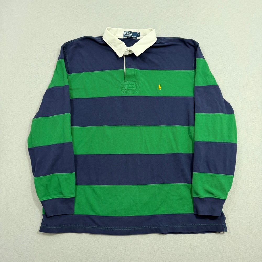 Vintage Polo Ralph Lauren Rugby Shirt Mens XXL Green Blue Striped Long Sleeve